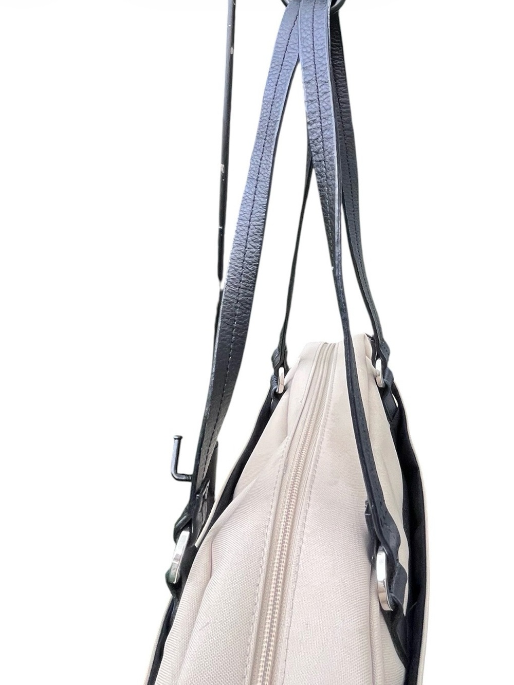 Miztique Beige Nylon Shoulder Bag Black Trim Double Handle Tote - Picture 7 of 9
